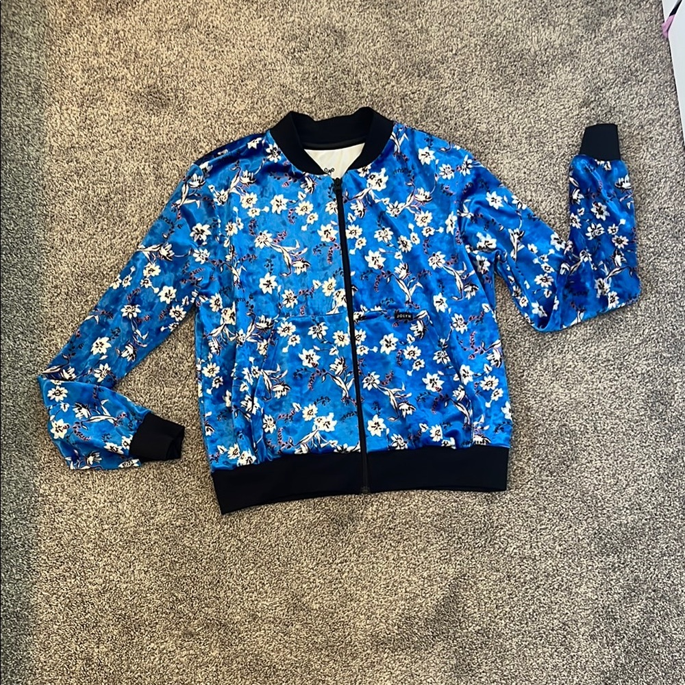 Jolyn Griffin Blue Dryland Velvet Floral Bomber Jacket Size Large